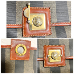 Vintage FENDI pecan stripe large handbag, purse with brown leather trimming and gold tone closure, Fendi classic bag. 070819ac1