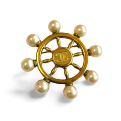 Vintage Chanel golden ship rudder design brooch with faux pearls and CC mark. Must have jewelry. Great gift. 050312ac3