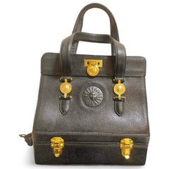 Vintage Gianni Versace black caviar type leather birkin doctor's bag, handbag with jewelry case and golden sun burst motifs. 070325ys
