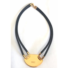 Vintage Hermes black necklace with bird and flag printed enamel pendant top. Ceramic jewelry piece. 060531r2