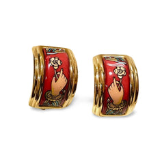 Vintage Hermes golden cloisonne enamel earrings with hand holding a flower and pink design. Must have ceramic jewelry. 060227ac2