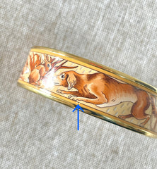 Vintage HERMES gold and brown tone and cloisonné/enamel bangle with rabbit, dog, and fox design. 070310ac2