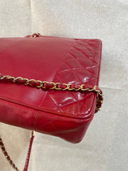 Vintage CHANEL red calfskin classic shoulder tote bag with gold tone chains and CC charm. Classic purse. 0506284