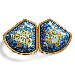 Vintage Hermes cloisonne enamel golden earrings with star and flower design on blue. Fan shape. 06402ac2