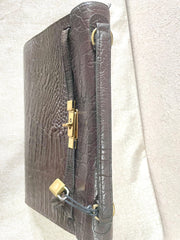 Vintage Mulberry darkbrown croc embossed leather Kelly bag with shoulder strap. Roger Saul era. Rare masterpiece. 070220yf