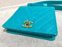 Vintage CHANEL turquoise blue caviar v stitch, chevron, waist bag, hip bag, fanny pack with matching belt with golden cc mark closure. 070225ac3