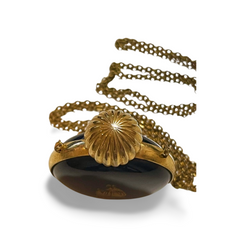 80’s vintage Lanvin golden chain long necklace with logo motif and black perfume bottle. Rare Lanvin vintage jewelry by Arpege. 060918yf