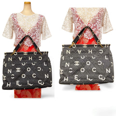 Vintage CHANEL black fabric canvas large tote bag with white Chanel CC logo print all over. Daily use bag. 060123ac13