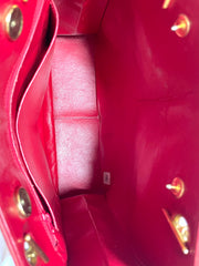 Vintage CHANEL red lambskin square shoulder bag with gold tone chain straps and gold CC. Paris limited edition. Classic purse. 060719ys