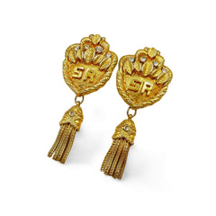 Vintage Sonia Rykiel golden dangle earrings with emblem design and logo. Rhinestone crystals. 050923ya