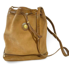 Vintage FENDI tan brown leather bucket hobo shoulder bag with croc embossed enamel leather trimmings and a golden logo charm. Unisex. 060711