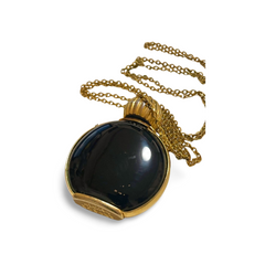 80’s vintage Lanvin golden chain long necklace with logo motif and black perfume bottle. Rare Lanvin vintage jewelry by Arpege. 060918yf