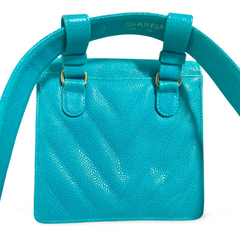 Vintage CHANEL turquoise blue caviar v stitch, chevron, waist bag, hip bag, fanny pack with matching belt with golden cc mark closure. 070225ac3