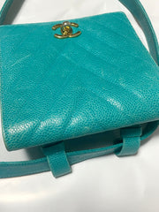 Vintage CHANEL turquoise blue caviar v stitch, chevron, waist bag, hip bag, fanny pack with matching belt with golden cc mark closure. 070225ac3