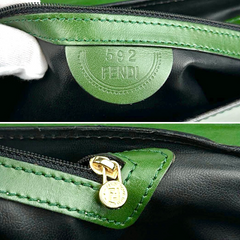 Vintage FENDI green leather shoulder bag, large clutch purse with logo and Jenus motif at front. 070908y1