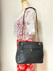 80's vintage BALLY, genuine black ostrich leather chain shoulder bag with golden logo. Classic purse made in West Germany. 051003ya1
