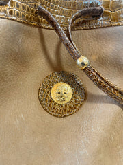 Vintage FENDI tan brown leather bucket hobo shoulder bag with croc embossed enamel leather trimmings and a golden logo charm. Unisex. 060711