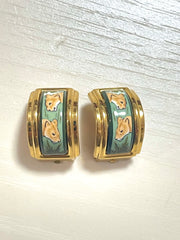 Vintage Hermes cloisonné ceramic enamel golden earrings with 2 female lion design. Twin lions. Great gift idea. 070225ac5