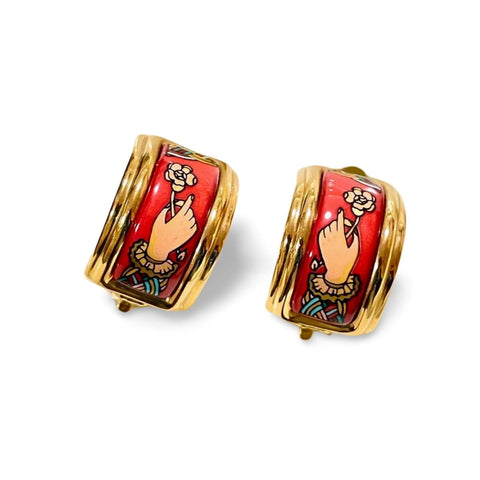 Vintage Hermes golden cloisonne enamel earrings with hand holding a flower and pink design. Must have ceramic jewelry. 060227ac2