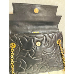Vintage BALLY black leather shoulder bag with white leaf stitches and chain strap. 060310ya1