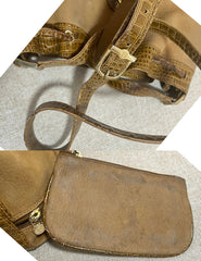 Vintage FENDI tan brown leather bucket hobo shoulder bag with croc embossed enamel leather trimmings and a golden logo charm. Unisex. 060711