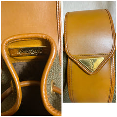 Vintage Yves Saint Laurent hobo bucket shoulder bag with camel brown leather trimmings and golden logo plate. YSL classic purse. 060823ac