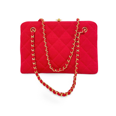 Vintage Chanel lipstick red wool jersey shoulder bag with turn lock cc closure. Kiss lock closure bag. 060810r2