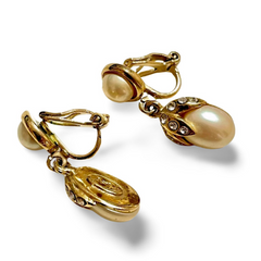 Vintage Yves Saint Laurent golden dangling earrings with crystals and teardrop white faux pearls. Rare YSL jewelry. 060604ac1