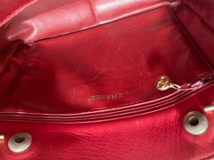 Vintage CHANEL red calfskin classic shoulder tote bag with gold tone chains and CC charm. Classic purse. 0506284