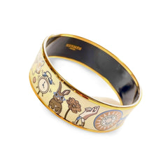 Vintage Hermes cloisonne enamel golden bangle with artistic illustration. Rare design Hermes GM bracelet. Horse, flower, clock etc.060402ac5