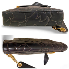 Vintage BALLY black leather shoulder bag with white leaf stitches and chain strap. 060310ya1
