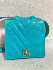 Vintage CHANEL turquoise blue caviar v stitch, chevron, waist bag, hip bag, fanny pack with matching belt with golden cc mark closure. 070225ac3