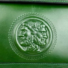 Vintage FENDI green leather shoulder bag, large clutch purse with logo and Jenus motif at front. 070908y1