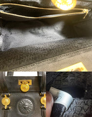 Vintage Gianni Versace black caviar type leather birkin doctor's bag, handbag with jewelry case and golden sun burst motifs. 070325ys