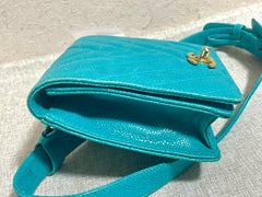 Vintage CHANEL turquoise blue caviar v stitch, chevron, waist bag, hip bag, fanny pack with matching belt with golden cc mark closure. 070225ac3