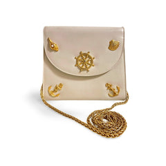 Vintage BALLY ivory white leather shoulder bag with chains and gold tone shell, ruddle, pearl, anchor motifs. 060310ya2