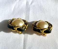 Vintage CHANEL earrings with chain and black leather frame. Perfect Chanel jewelry. 041205bs5