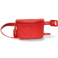 Vintage CHANEL red caviar leather waist bag, fanny pack purse with a matching leather belt and logo charm pull. 26” thru 28”. 070819ac2