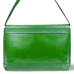 Vintage FENDI green leather shoulder bag, large clutch purse with logo and Jenus motif at front. 070908y1