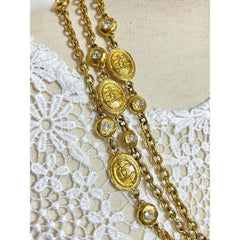 Vintage CHANEL chain and crystal glass necklace with medal CC mark charms. Can wear in double and triple. 0411211