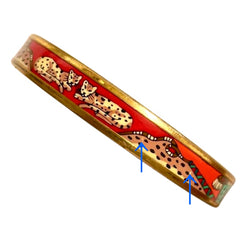 Vintage Hermes gold and red and orange cloisonne enamel bangle with Jaguar couple. CIRCUS. Made in Austria. Cheetah, panther. 070512m2