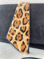 Vintage Bally black suede leather shoulder bag with leopard printed fur trimmings. Can be clutch purse. 070218ys9