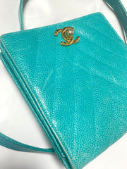 Vintage CHANEL turquoise blue caviar v stitch, chevron, waist bag, hip bag, fanny pack with matching belt with golden cc mark closure. 070225ac3
