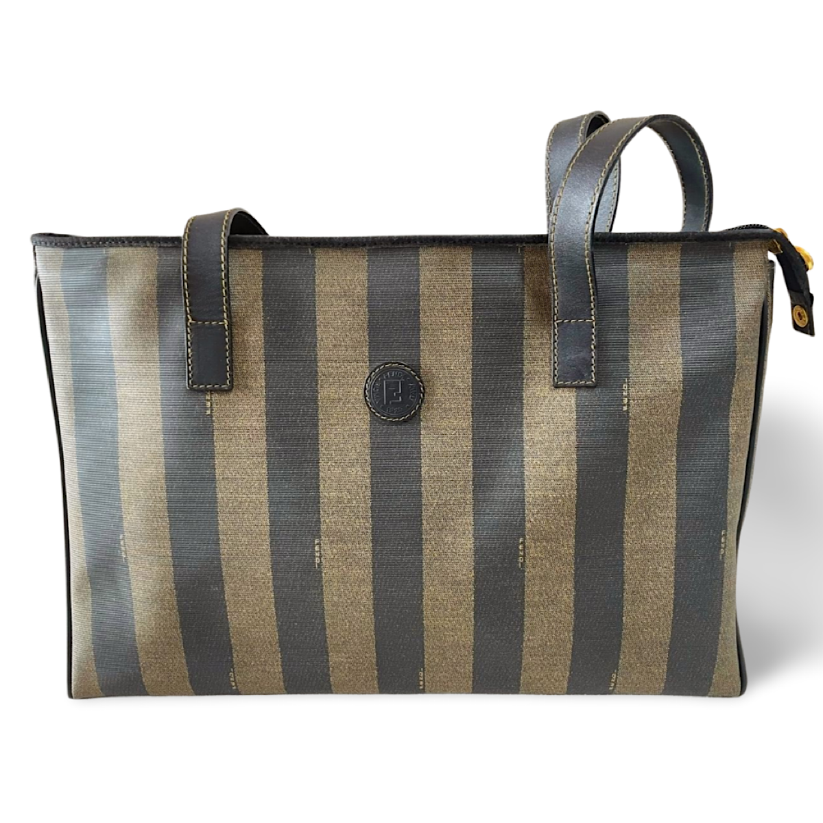 Vintage FENDI classic pecan stripe pattern large shopper tote bag with black leather handles. Daily use purse for Unisex. 070408re2