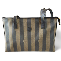 Vintage FENDI classic pecan stripe pattern large shopper tote bag with black leather handles. Daily use purse for Unisex. 070408re2