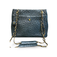 80's vintage BALLY, genuine black ostrich leather chain shoulder bag with golden logo. Classic purse made in West Germany. 051003ya1