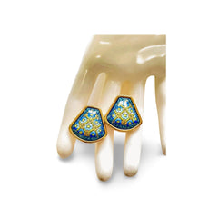 Vintage Hermes cloisonne enamel golden earrings with star and flower design on blue. Fan shape. 06402ac2