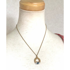 Vintage LANVIN golden skinny chain necklace with golden round pendant top. Clear crystals and green glass stone. Perfect gift. 050407r4