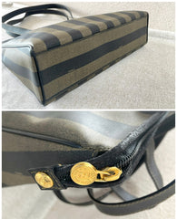 Vintage FENDI classic pecan stripe pattern large shopper tote bag with black leather handles. Daily use purse for Unisex. 070408re2