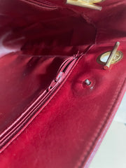 Vintage CHANEL red calfskin classic shoulder tote bag with gold tone chains and CC charm. Classic purse. 0506284